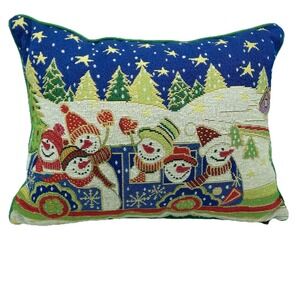 Pier 1 Imports Snowman Tapestry Christmas Throw Pillow Trees Stars Holiday